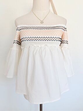 🤍 Bebe White Embroidered Smocked Off-Shoulder Top